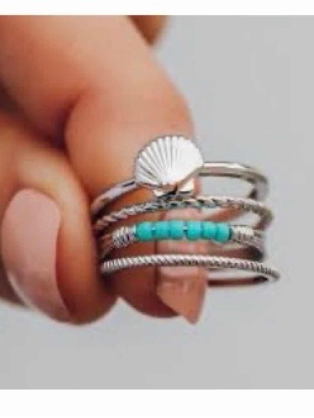 Pura Vida Silver Seashell and Turquoise Bead Stackable Ring